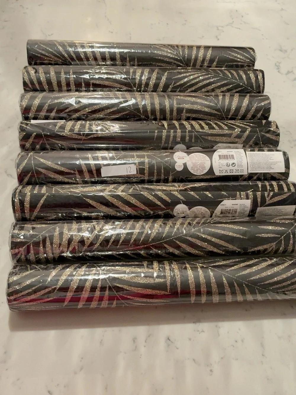 Lot of 8 Decoris Black Gold Palm Leaf Table Runner Fabric Rolls Wedding Party